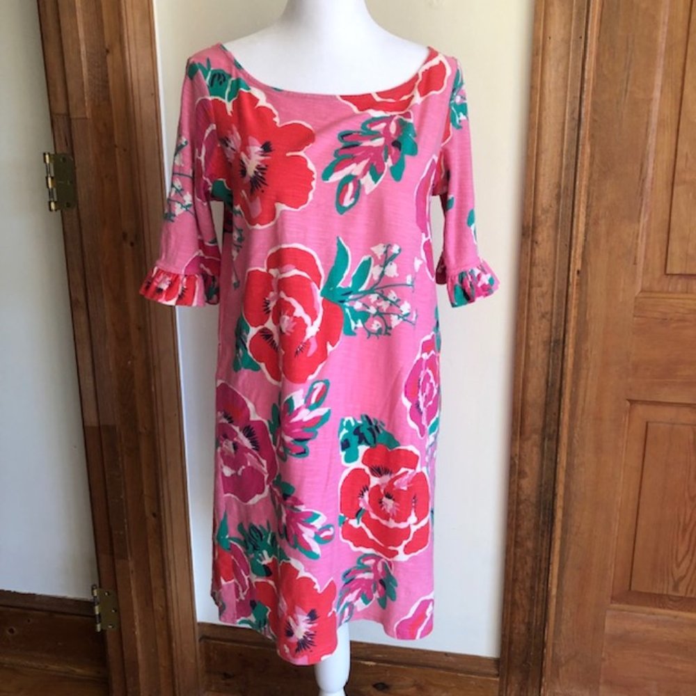 LILLY PULITZER Somerset Shift Dress Ruffle Elbow Floral Cotton Knit Medium